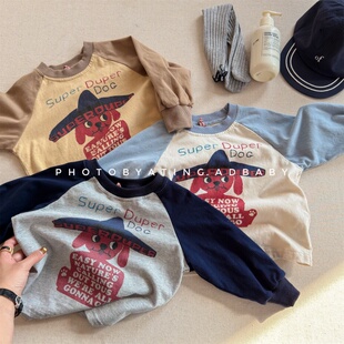春季韩系儿童前后印花T恤打底衫男宝插肩袖上衣女童洋气套头卫衣