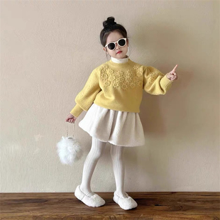 冬季韩系高级感女童装 儿童甜美花朵毛衣+毛绒短裙小女孩洋气套装