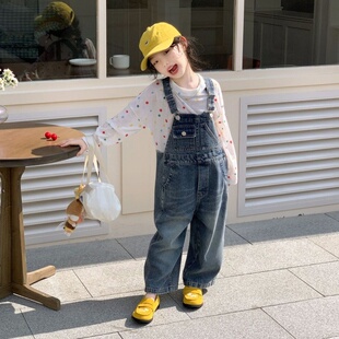 超好看的儿童牛仔背带裤男女儿童春秋季韩版磨白牛仔直筒裤连体裤