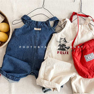 春季韩系潮宝可爱萌系可调节背带裤男宝牛仔连体裤女童米色九分裤