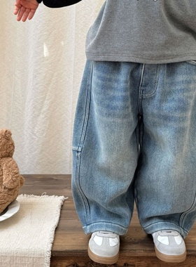 2025冬季新款复古风加绒牛仔裤儿童宽松直筒长裤蓝色百搭休闲裤子