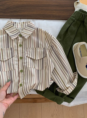 儿童条纹衬 衫休闲裤春季男女童军绿色长裤宝宝春装水洗棉布裤子