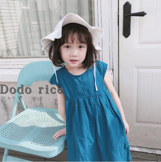 韩国女童装夏装款儿童森系腔调棉麻纯色娃娃裙长款连衣裙子