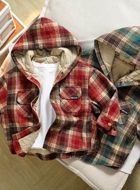 男童绗棉连帽外套2025秋冬季中大童磨毛格子衬衫儿童休闲棉衣7168