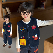 男童加绒马甲25冬季 儿童加厚保暖背心新中式 国风红色坎拜年服3539