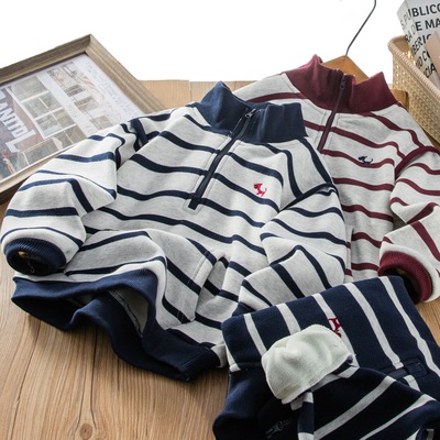 男童一体绒半拉链刺绣条纹卫衣