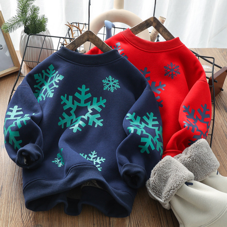 男童加绒加厚圆领卫衣冬季韩版儿童一体绒保暖上衣红色新年服2301