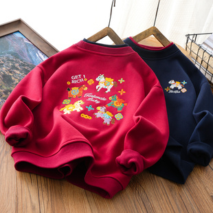 男童加厚奥粒绒卫衣红色新年装 儿童一体绒保暖上衣2519 2025冬季