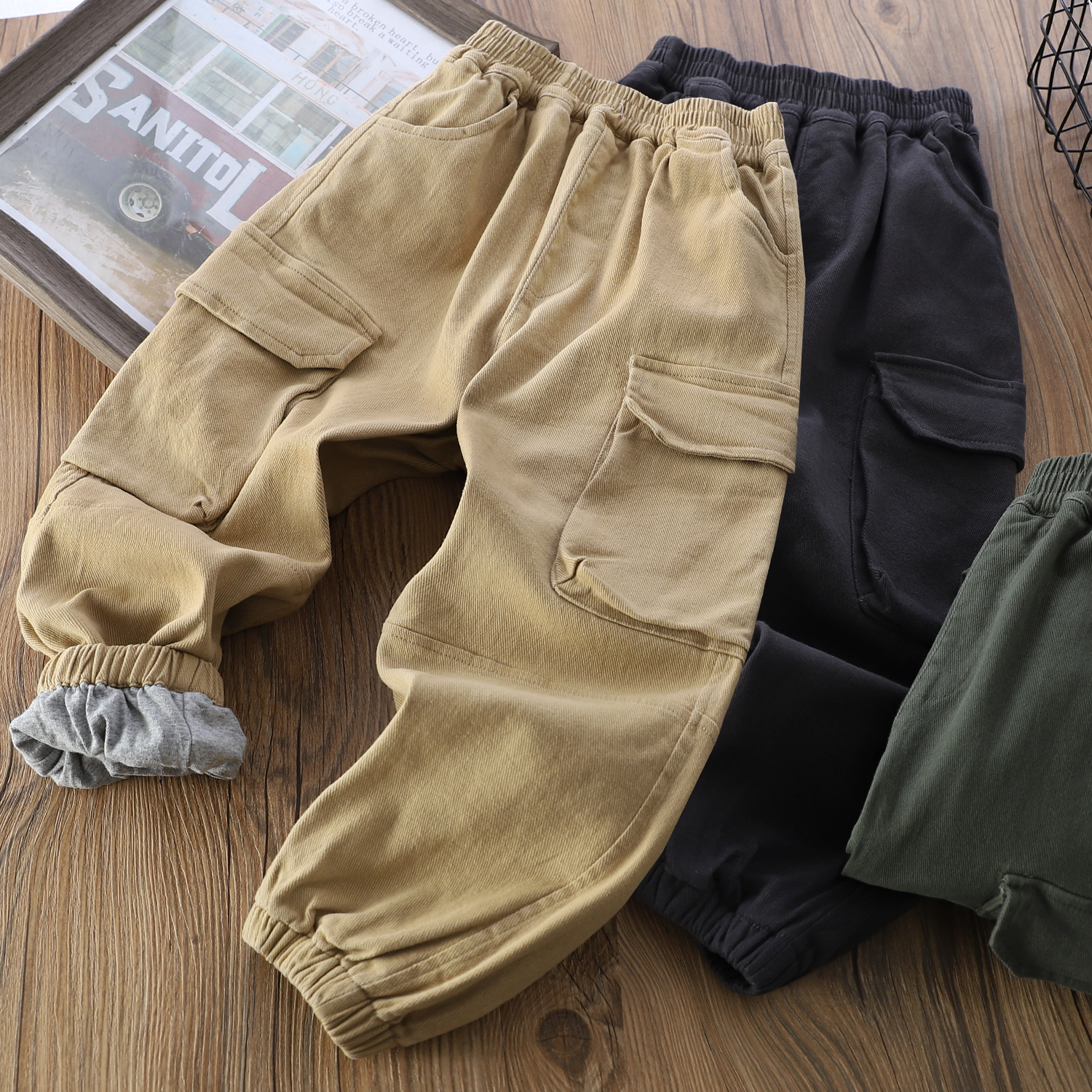 男童工装裤纯棉双层夹裤弹力2025秋冬季中大童保暖休闲长裤子6618