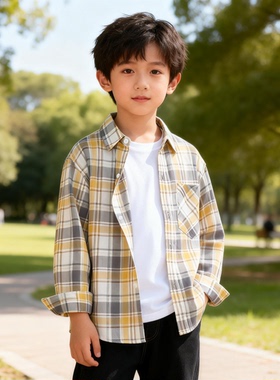 男童格子衬衫春夏装儿童纯棉薄款翻领衬衣中大童洋气轻薄外套9256