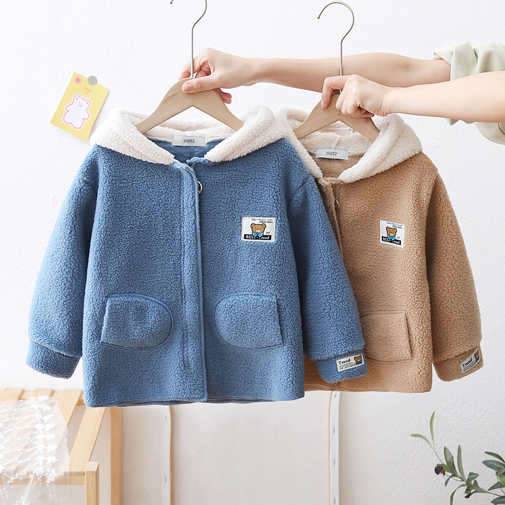 소년 두꺼운 벨벳 코트 2024 봄 가을 어린이 입자 셰르파 후드 가디건 베이비 코튼 코트 7656