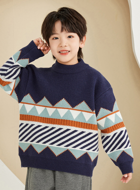 男童菱格圆领毛衣加厚2025秋冬季中大童加绒毛线衣儿童打底衫8121