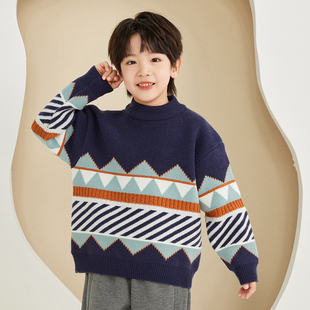 男童菱格圆领毛衣加厚2026秋冬季 8121 中大童加绒毛线衣儿童打底衫
