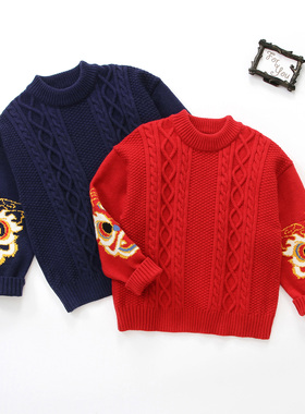 男童圆领毛衣冬季新款中大童儿童加绒加厚毛线衣红色新年服8203