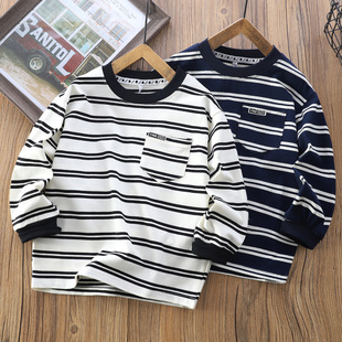 1908 少年圆领休闲上衣春秋打底衫 男童纯棉条纹长袖 T恤2025秋季