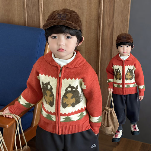 3岁90cm暗红绒质拉链毛衣开衫