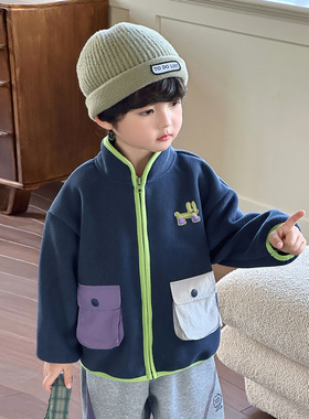 儿童摇粒绒外套秋冬2025新款加绒加厚保暖男童上衣拼色抓绒衣7189