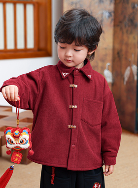 男童红色衬衫加厚2025冬季新款一体绒男童灯芯绒年服衬衫9250