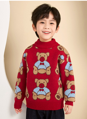 男童半高领毛衣冬季韩版儿童红色毛线衣加绒加厚宝宝保暖上衣8867