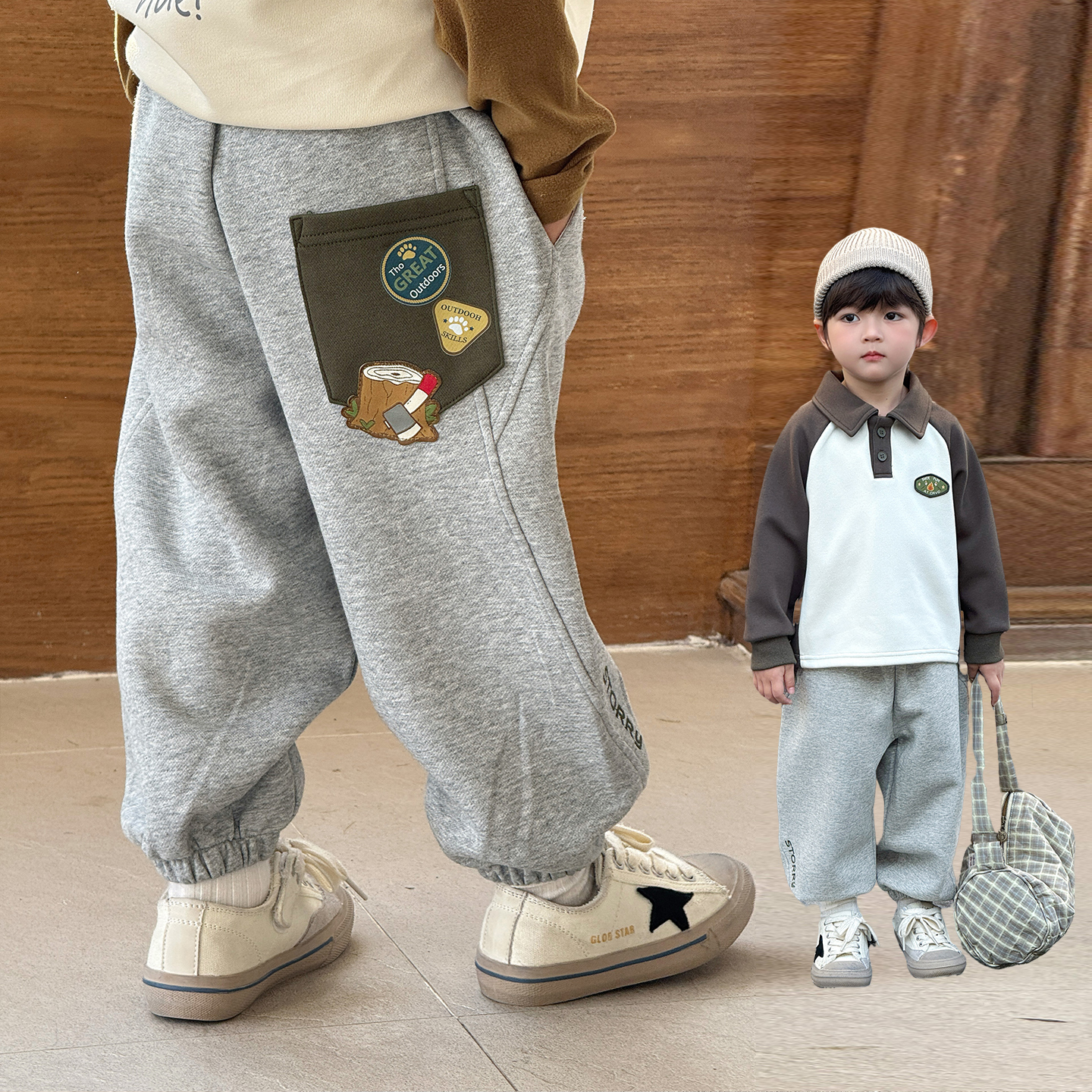 男童贴布绣宽腰运动裤