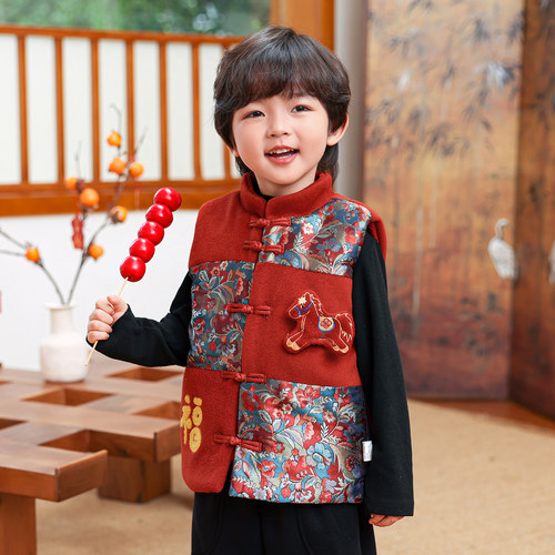 男童三层夹棉宝宝新年装红色马甲