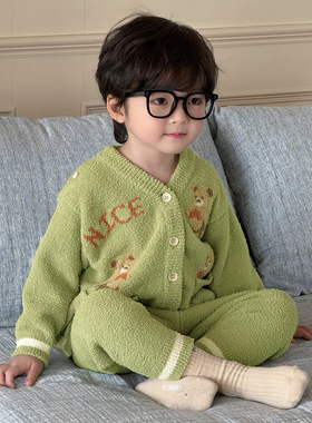 男童保暖睡衣开衫套装儿童半边绒家居服秋冬新款加绒加厚睡裤5216