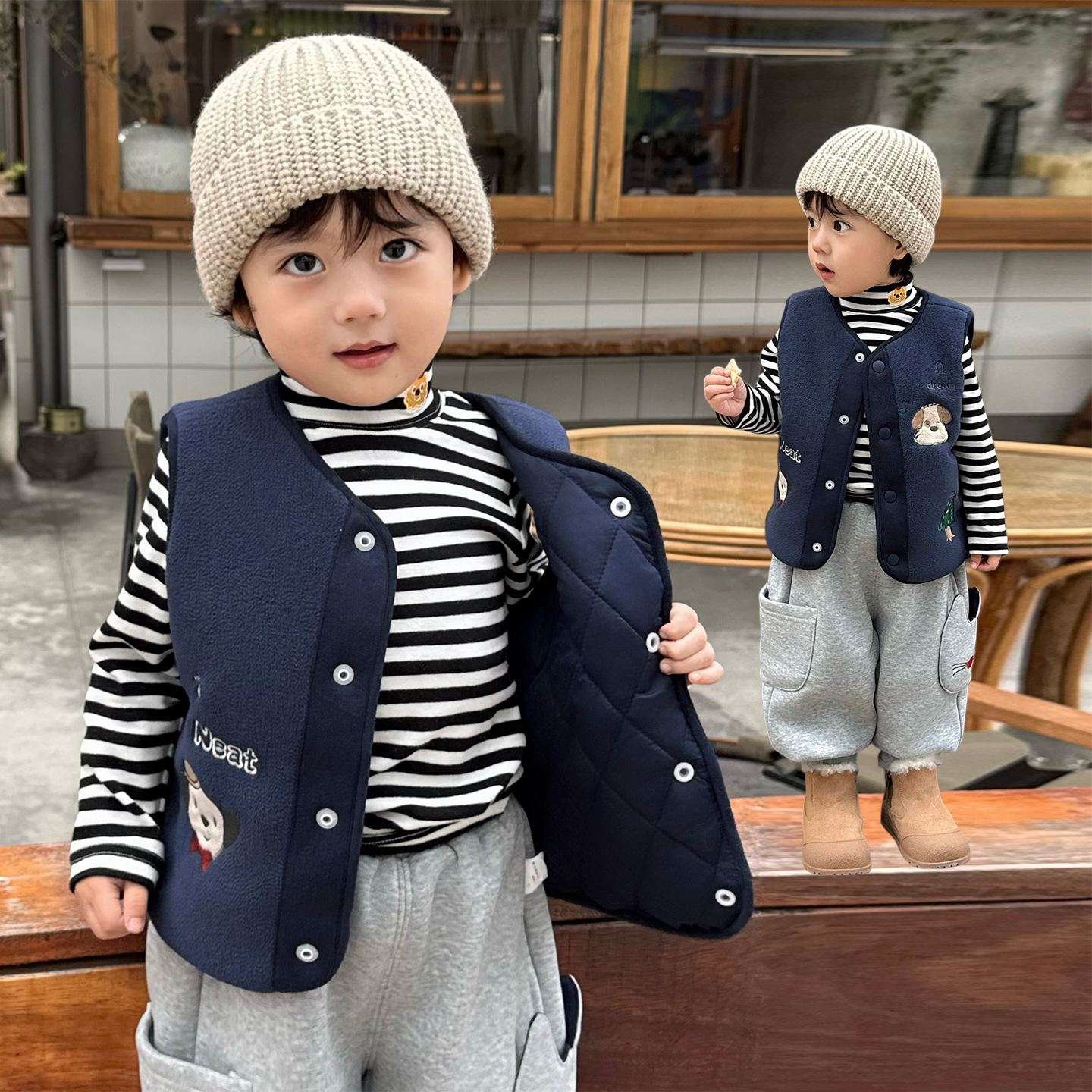 男童卡通加棉背心秋冬摇粒绒马甲