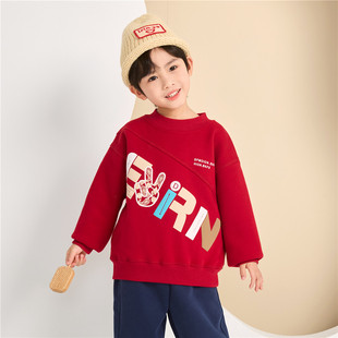 男童圆领卫衣2024春秋季中大童一体绒保暖上衣儿童红色新年服2398