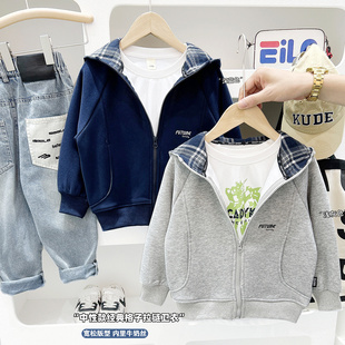 卫衣格子运动上衣7150 儿童开衫 男童连帽拉链外套2025春秋季 新款