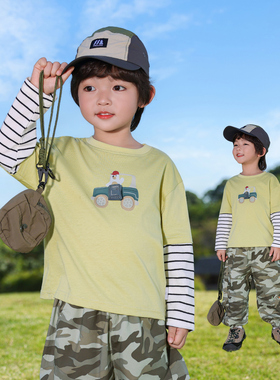 男童纯棉长袖T恤衫2026春季中大童假两件上衣儿童圆领打底衫1230