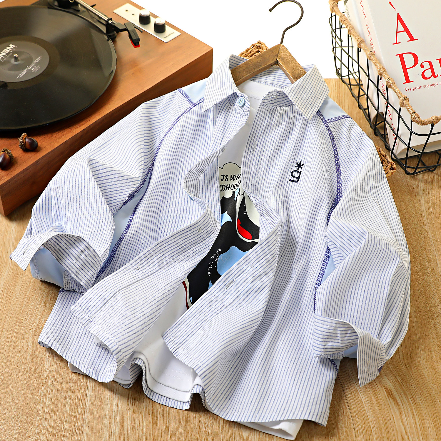 男童条纹纯棉衬衫2026春季中大童男孩休闲上衣内搭外穿衬衣9265