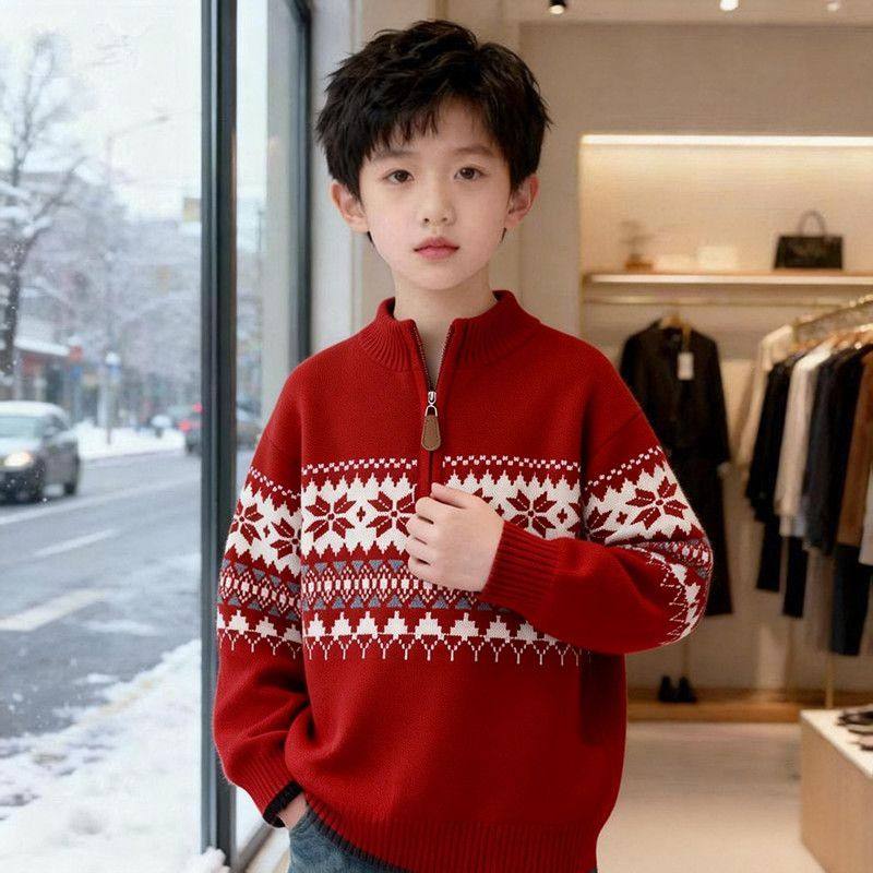 男童半拉链领毛衣外套2026冬季新儿童加绒加厚毛衣红色新年服8265
