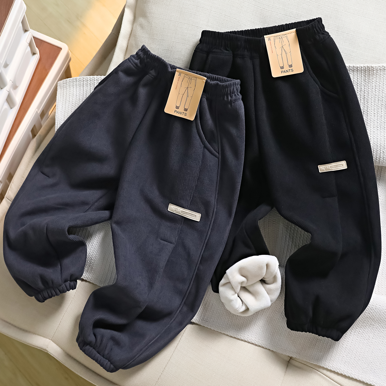 冬男童一体绒运动裤羊毛蚕丝棉裤