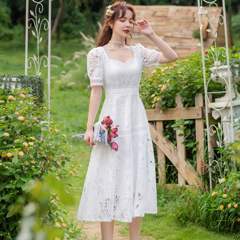 3蕾丝连衣裙女夏收腰a字显瘦礼服中长款初恋小白裙大码仙女裙胖mm