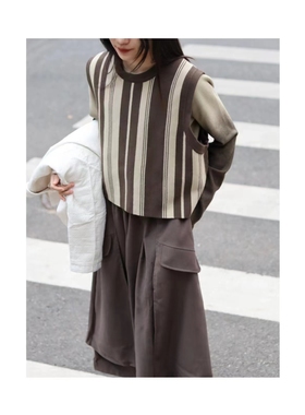 一九二三1923｜FW美式复古竖条纹拼接撞色感柔软针织马甲女款