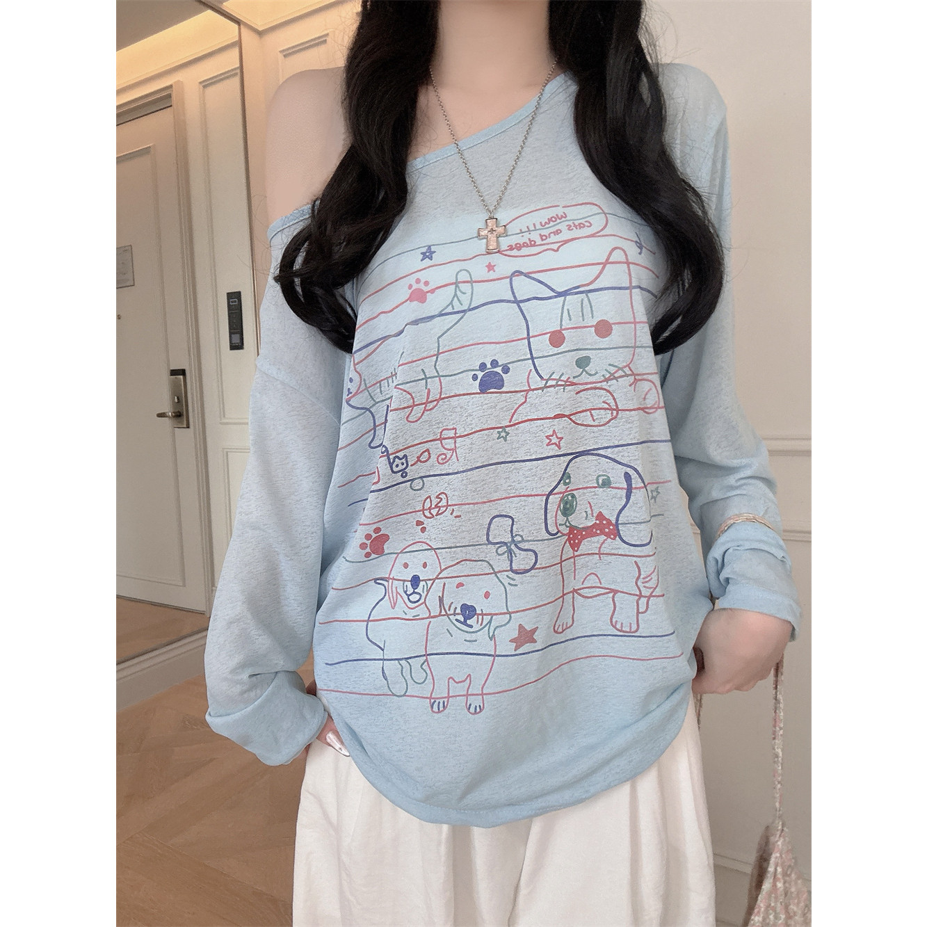非实拍不减 半透明露肩薄款长袖T恤女夏季甜美宽松防晒罩衫上衣潮