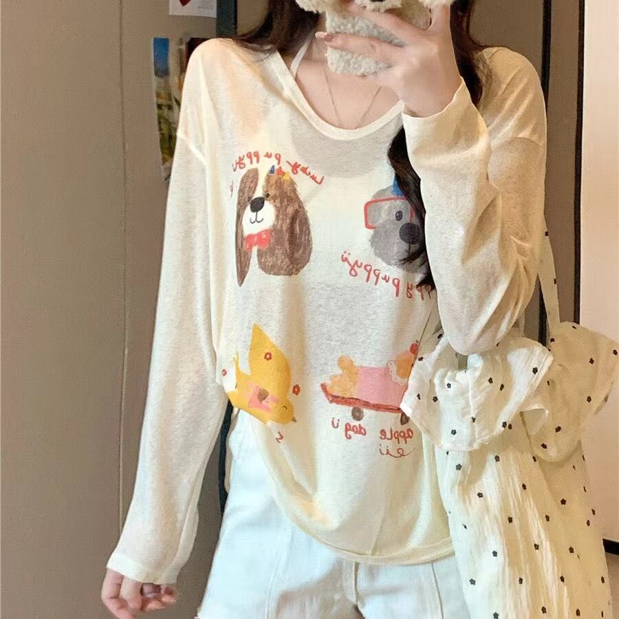 韩系杏色印花长袖T恤女装夏季叠穿宽松薄款防晒罩衫慵懒风上衣