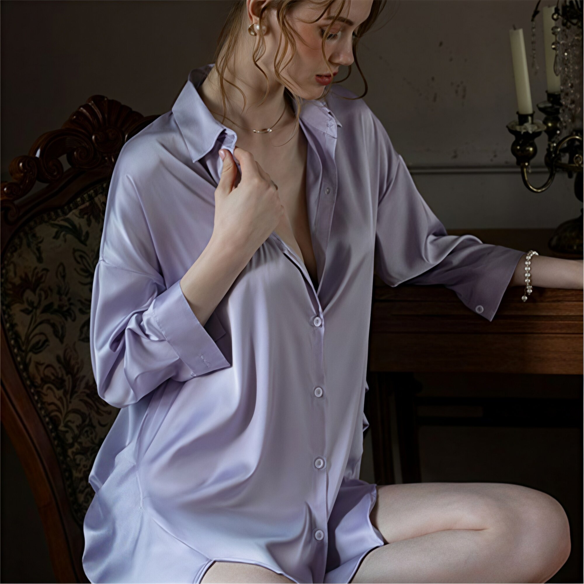 夏季热销薄款冰丝衬衫睡衣女纯欲男友风睡裙纯色高级感长袖家居服