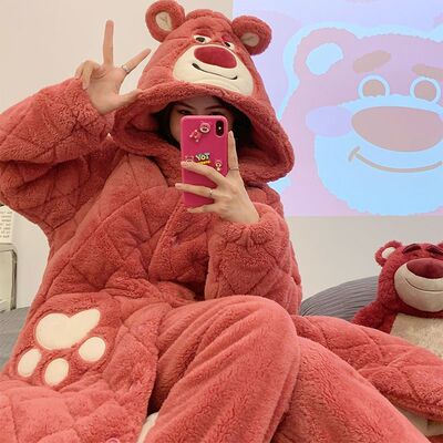 可爱卡通脚印熊连帽家居服两件套