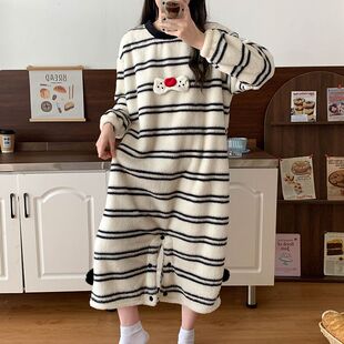 2025秋冬季爆款酷喵系列睡衣女珊瑚绒连体睡裙可爱黑白条纹家居服