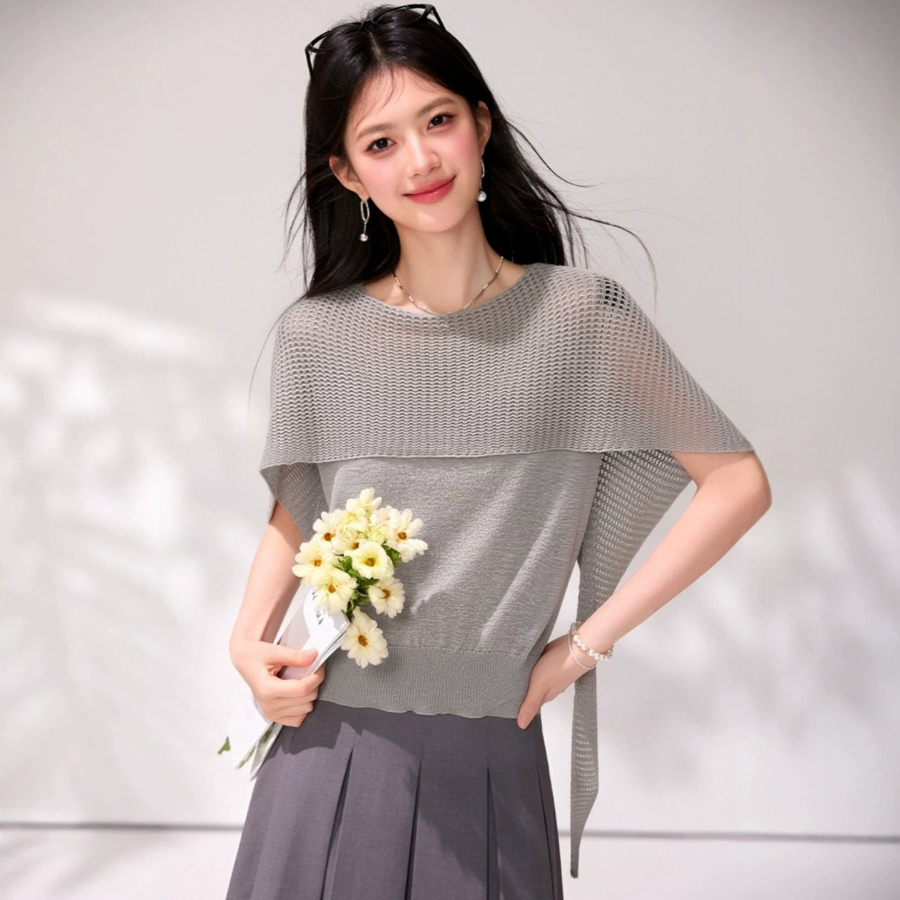 假两件针织短袖t恤女2026新款夏季不规则斗篷宽松内搭打底衫上衣