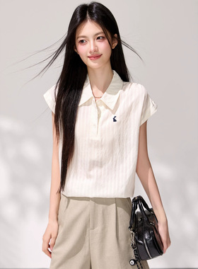 白色竖条纹正肩小飞袖polo衫短袖t恤女夏季2026修身衬衫坎肩上衣