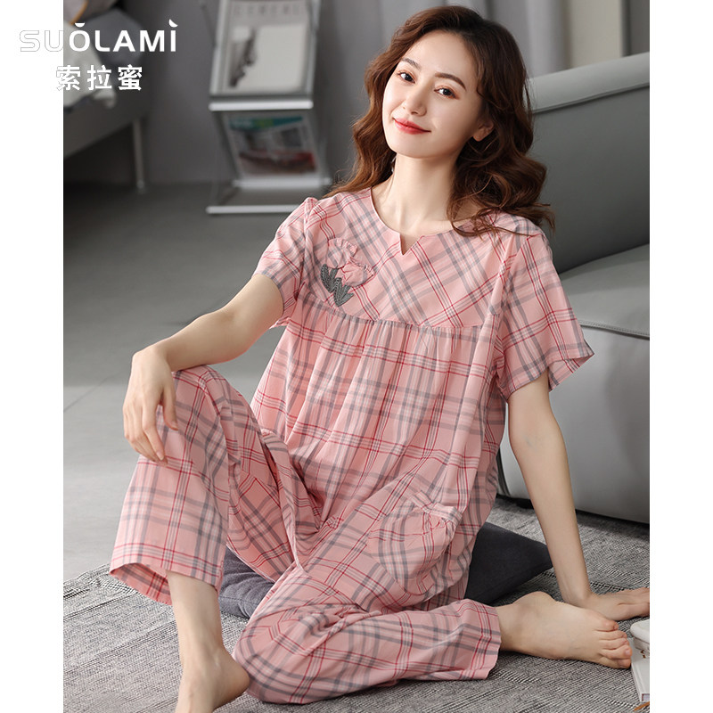 梭织棉纱布睡衣女士夏季纯棉短袖长裤夏天女式大码半袖家居服套装
