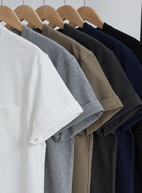 360克加厚宽松重磅纯棉口袋t恤日系咔叽复古潮牌纯色小领口打底衫