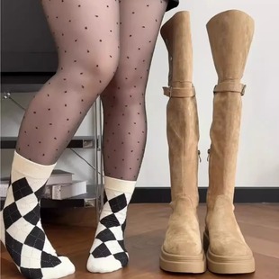 时尚 百搭胖mm两穿翻折粗腿大筒围加宽骑士靴过膝长筒绒面堆堆靴子