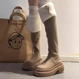 时尚 加绒厚底过膝长筒靴女秋冬骑士靴 百搭棕色靴子美拉德两穿冬季