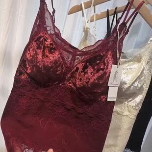 秋冬法式 蕾丝拼接花边磨毛钻石绒吊带美背女聚拢带胸垫背心内衣