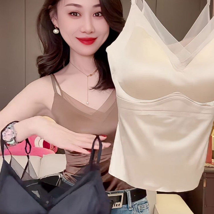2025春季新款性感网纱V领无痕缎面美背女带胸垫轻奢露背吊带背心