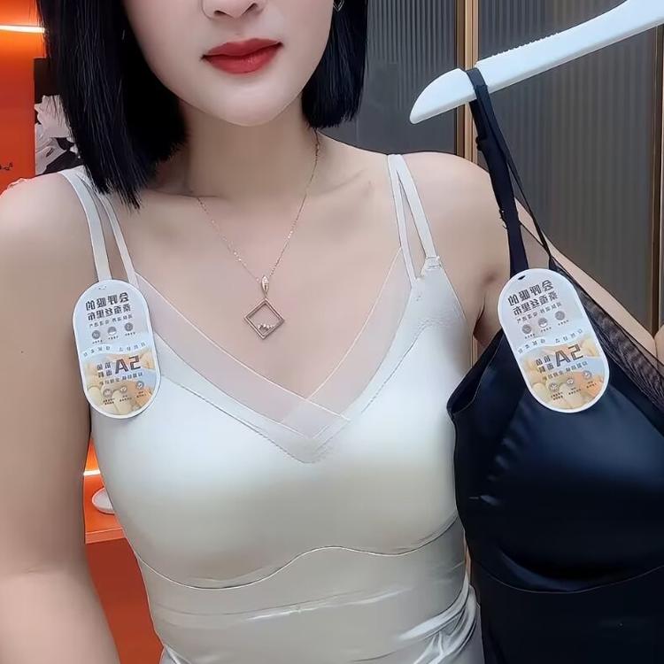 2025春季新款二合一缎面无痕美背女带胸垫性感网纱V领吊带背心潮