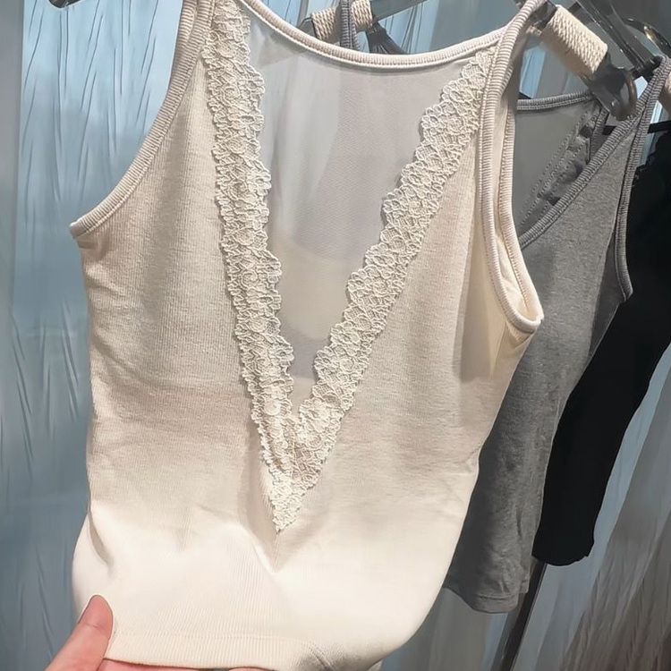 秋季U领蕾丝镂空带胸垫美背女